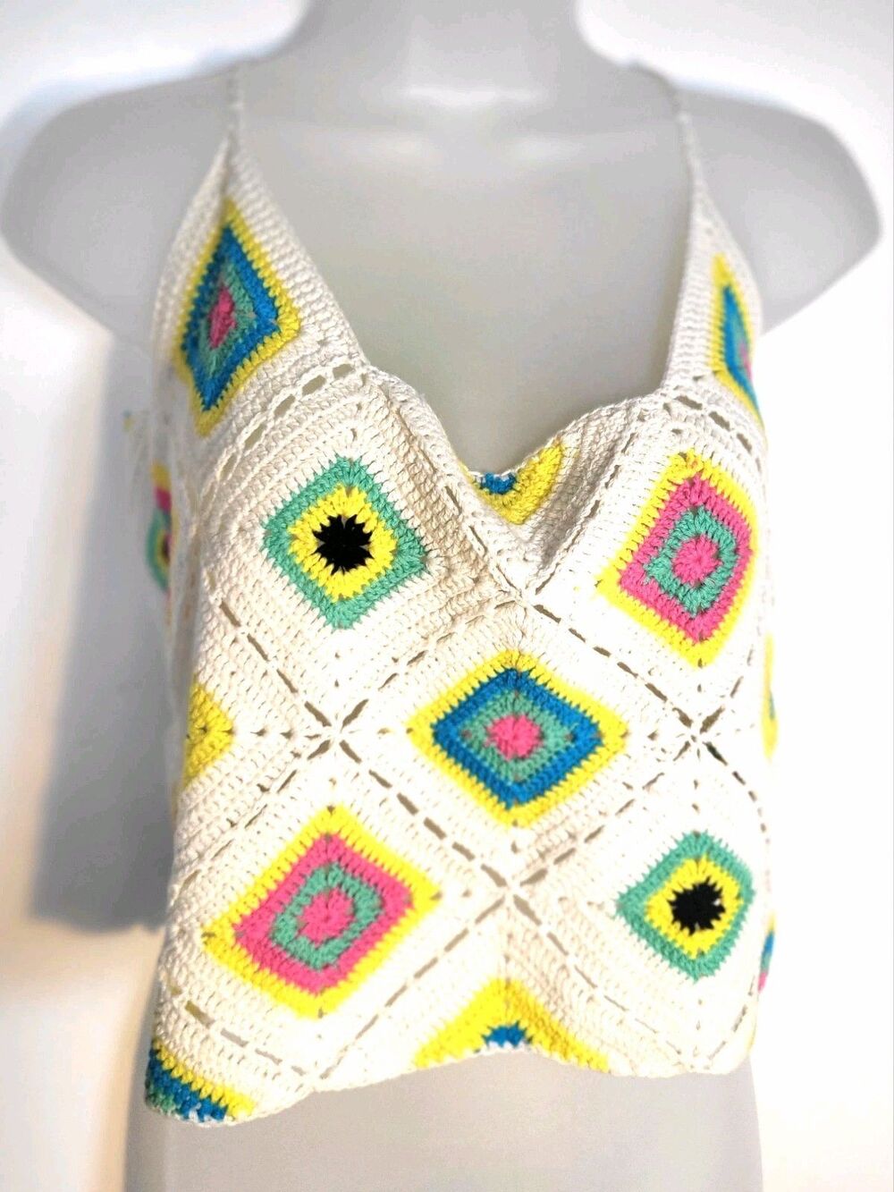 Granny Square Crocheted Crop Top Boho Bohemian Festival Spaghetti Strap Large